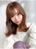 ミニウルフ前髪パーマ韓国くびれミディアムチェリーブラウン