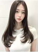 レイヤーロングボブルフ黒髪ネビージュ小顔ワンレン20代30代40代