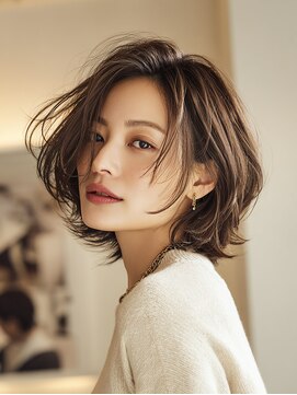 ショートレイヤー/ボブ/顔まわりカット/透明感ブラウン