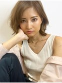 小顔セミウェットウェーブピンクベージュハイライトカラー