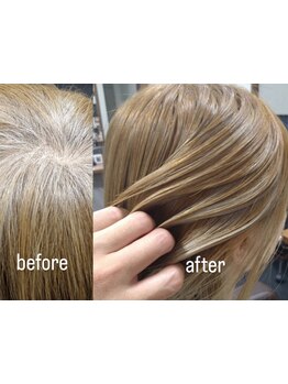 自然で透明感ある独自の白髪染めを使わない白髪ぼかしと全国1%の髪質改善で理想のカラーに◎