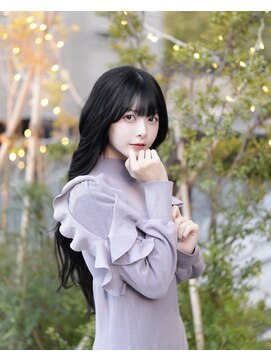 アム 表参道(am) 小顔薄めバンググレージュレイヤーロング前髪パーマ黒髪