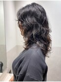 黒髪パーマ　セミロングパーマ　ニュアンスパーマ