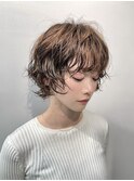 マッシュショートパーマウルフカットブリーチなしベージュカラー