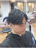 アップバング センターパート 波巻きパーマ