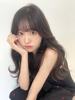 アム 表参道(am) 小顔薄めバンググレージュレイヤーロング前髪パーマ黒髪