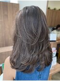 大人可愛いロングレイヤーカット長め前髪かきあげヘア恵比寿