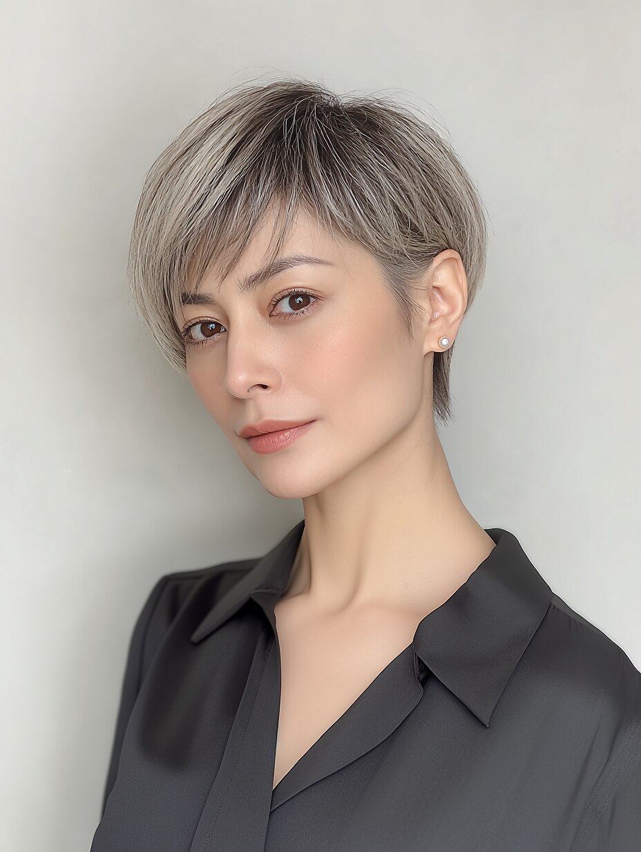 白髪ぼかしショートボブ】スモーキーグレージュ×ひし形