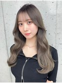 美髪カールグレージュ韓国レイヤーロングセミディ顔周り前髪