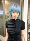 ウルフカットレイヤーカットミントシアンブルーデザインカラー