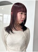 レイヤーカット　ワインレッド　ボルドー ブリーチなし 顔まわり
