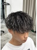 メンズパーマホワイトメッシュ縦落ちツイスパマッシュ