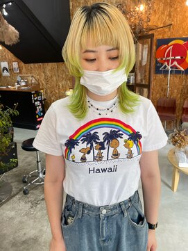 チャプター 問屋町(chapter) イエローグリーンルーツカラーレイヤーウルフカット岡山問屋町