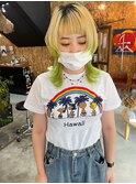 イエローグリーンルーツカラーレイヤーウルフカット岡山問屋町