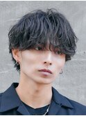 難波シャドウパーマメンズマッシュウルフカット波巻きパーマ色気