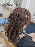 量産型ヘアセット☆編込みカチューシャお花のハーフアップ☆
