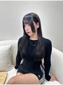 小顔薄めバンググレージュレイヤーロング前髪パーマ黒髪
