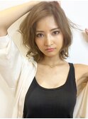 小顔セミウェットウェーブピンクベージュハイライトカラー
