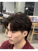 渋谷フェザーパーマメンズマッシュウルフセンターパートカット