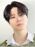 韓国ヘアカルマパーマ韓国マッシュセンターパート黒髪ウルフ