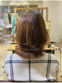 グレージュカラー ボブルフ 黒髪 ベージュ くびれヘア　前髪