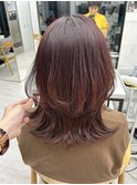 レイヤーカット/ミディアムレイヤー/ピンクカラー/前髪カット