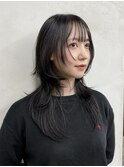 ロングレイヤーブルーグレージュ顔周り前髪カットハッシュ