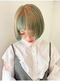 ミニボブ フェイスレイヤー インナーカラー ターコイズカラー