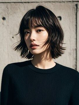 ハイライトクラゲヘアミニボブ成人式パーマミディアム裾カラー