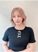 ピンクベージュカラー/ボブカット/ショートヘア/ウェーブ巻き