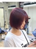 暖色カラーボブ赤髪レッドカラーダブルカラーカシスカラー艶髪