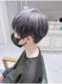 グレーシルバーツーブロック韓国マッシュ/ブリーチデザイン原宿