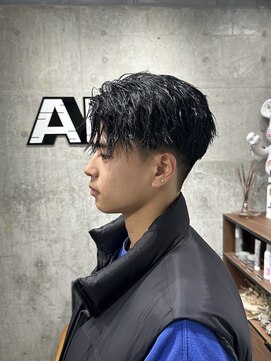 オルズ 渋谷(ALLZ) ツイストスパイラルパーマメンズアップバングブルーブラック