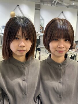 メモリーズ 表参道(Memories) 30代40代50代耳かけショートボブ前髪あり丸みショート白髪ぼかし