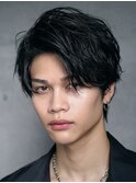 渋谷フェザーパーマメンズマッシュウルフセンターパートカット