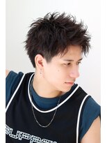 ネイビー(NAVY)&nbsp;メンズカット アップバング ショート 束感 パーマ 黒髪