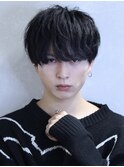ナチュラルセットマッシュ黒髪パーマツーブロック刈り上げスーツ