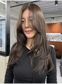 ロングレイヤーショコラグレージュ顔周り前髪カットハッシュ