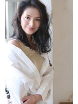 ラファンジュ ヘアー クレオ(Rohange hair Creo) 【Creo】ディープブルー×かきあげバング#セミウェットウェーブ