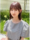 ぱっつんボブ×ピンクベージュ