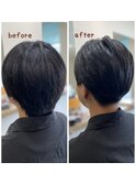 ウェーブミディアムショートボブ 前髪なしブリーチなしカラー