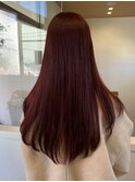 チェリーレッド髪質改善カラー艶感ストレートワンカール