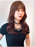ピンクカラー 韓国風レイヤー ゆる巻き セミロング 20代