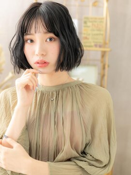 カバーヘア ブリス 上尾西口店(COVER HAIR bliss) アッシュブラック波ウェーブ前下がり大人ボブa上尾20代30代40代