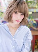 くすみベージュぱっつん前髪韓国風ボブパーマh3大宮10代20代30代
