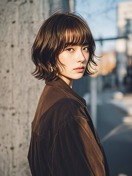 ハイライトクラゲヘアミニボブ成人式パーマミディアム裾カラー