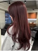 ダブルカラーチェリーレッドピンクブラウン韓国レイヤーロング