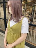 ホワイトブロンドニュアンスピンクベージュ外ハネミディ
