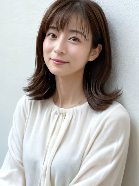 大人ヘアスタイル 外ハネミディアム セミディ 前髪あり 春カラー