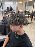 メンズパーマホワイトメッシュ縦落ちツイスパマッシュ